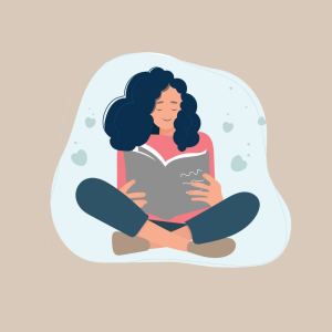 vector graphics about a women sitting on the floor and reading a book happily
